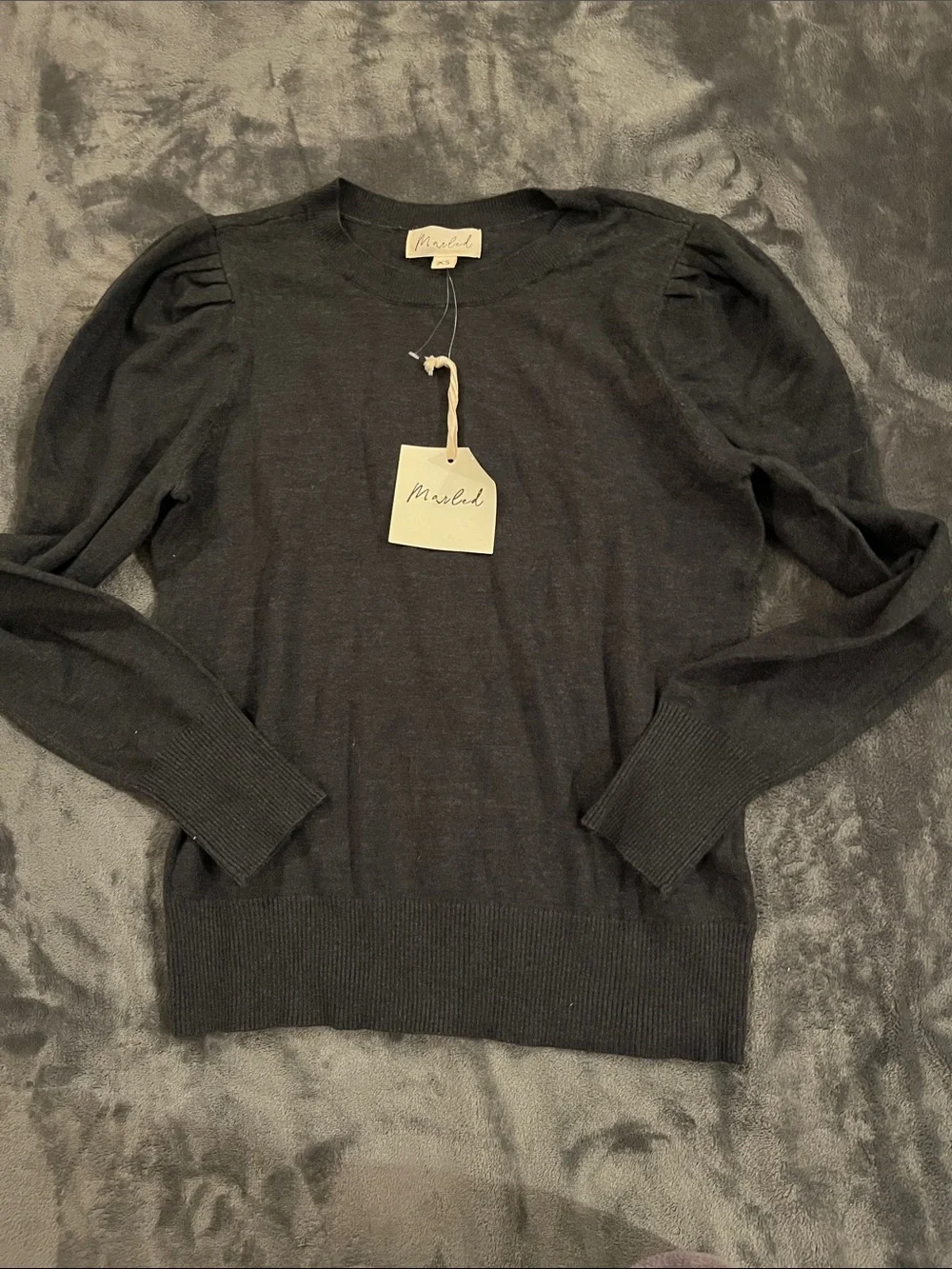 Marled Black Puff-Sleeve Crewneck Sweater